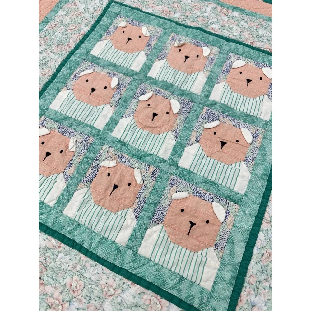 Handmade Teddy Bear Quilt‎ Pastel Floral Patchwork Baby Crib Blanket Pink Green